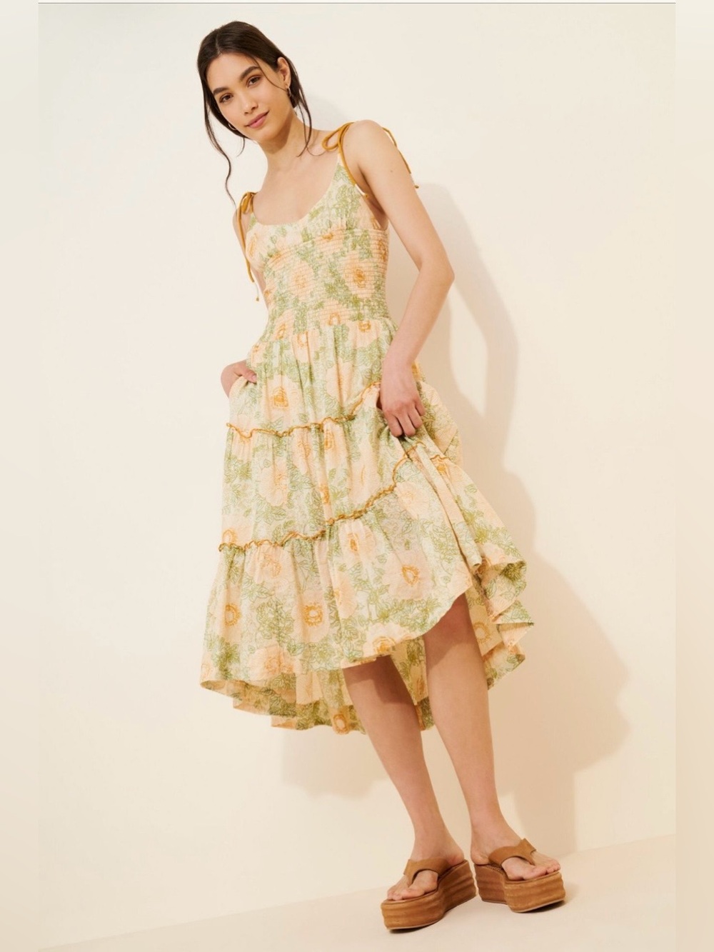 Free People Adriel Tie-Strapped  Tiered Midi Dress 💯Cotton NWT